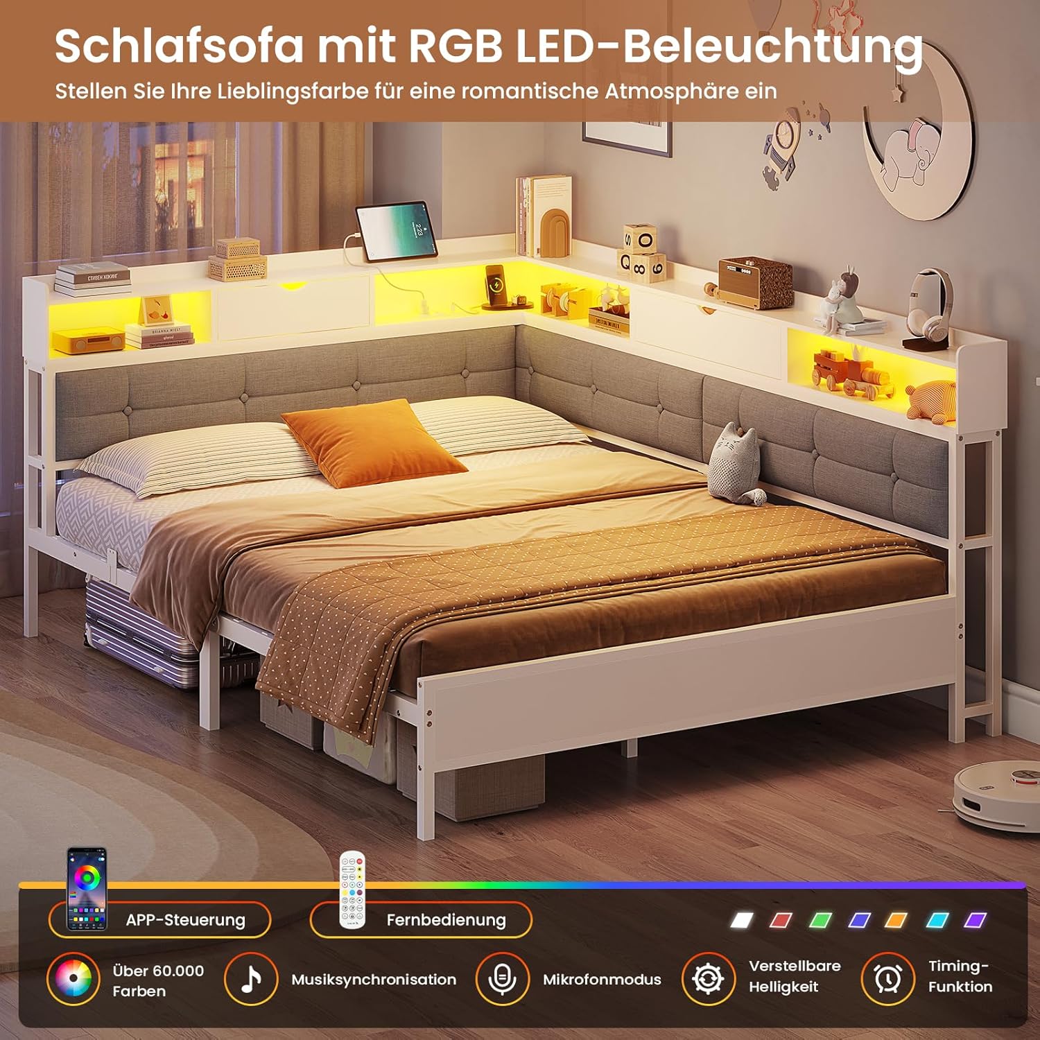 AOGLLATI Polsterbett Schlafsofa 140x200 mit 6 Staufächern Jugendbett 140x200 mit LED-Beleuchtung Tagesbett mit Steckdosen Gästebett Bettgestell mit Lattenrost aus Metall, Ohne Matratze (Weiß)
