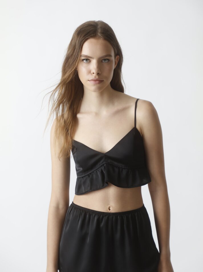 Top cropped de cetim - Preto