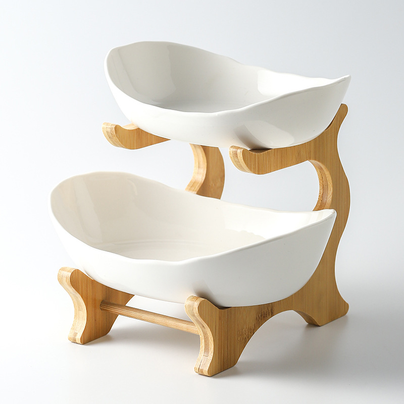 2 Etagen Keramik Etagere Tisch Deko Bambus Ständer Servierständer für Früchte / Nüsse / Süssigkeiten - Weiss