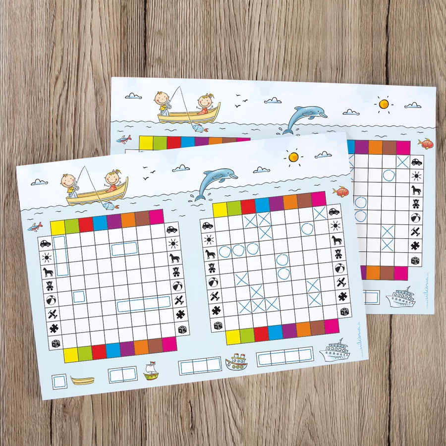 Nikima Papeterie 2er Set A5 Spielblock Schiffe versenken JUNIOR KIDS Reisespiel Flottenmanöver bunt