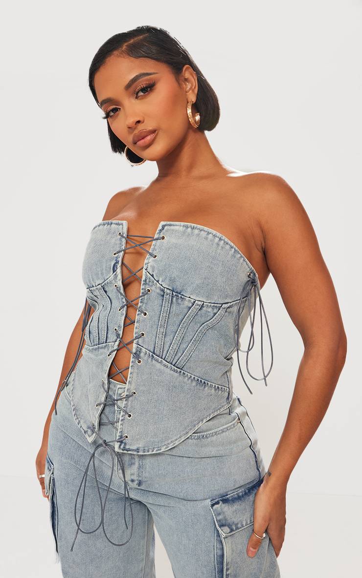 Light Blue Wash Corset En Denim Délavé À Laçage Devant Shape