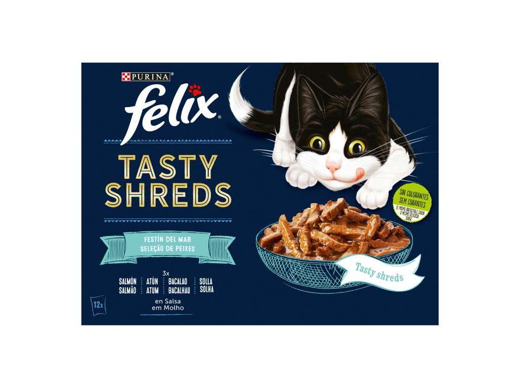 COMIDA HÚMIDA PARA GATO FELIX TASTY SHREDS MIX PEIXES 12X80G