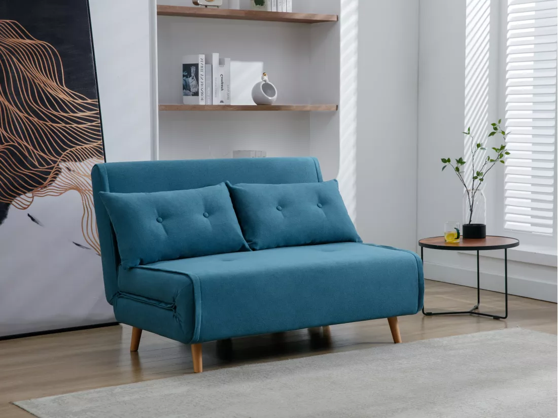 Canapé 2 places convertible en tissu bleu URIBIA