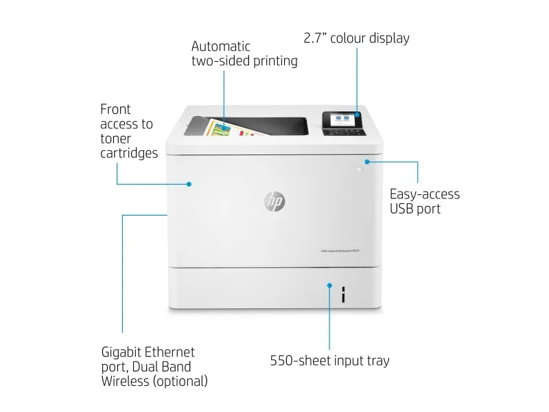HP LaserJet Enterprise M554dn - Printer - farve - Duplex - laser - A4/Legal - 1200 x 1200 dpi - op til 33 spm (mono) / op til 33 spm (farve) - kapacitet: 650 ark - USB 2.0, Gigabit LAN, USB 2.0 vært