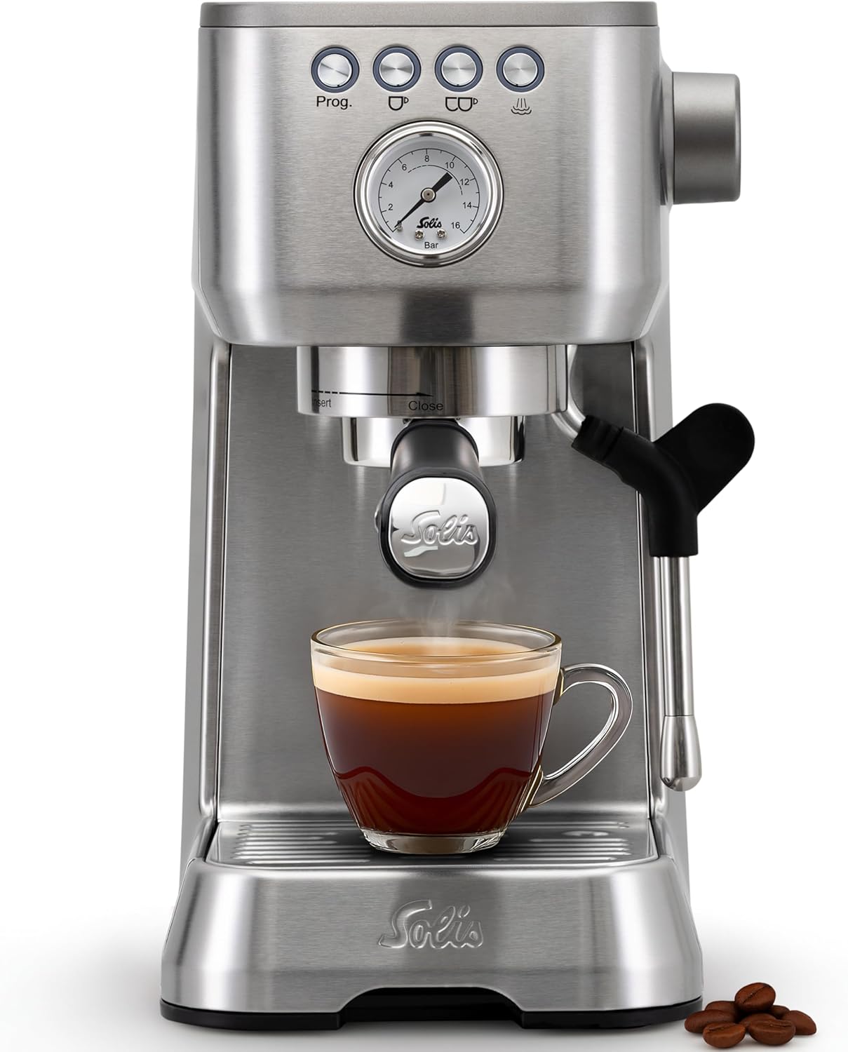 Solis Barista Perfetta Plus Espressomaschine, Halbautomatische Kaffeemaschine mit Milchschäumer, Programmierbare Kaffeemaschine mit abnehmbaren Wassertank, Heißwasser- und Dampffunktion, Silber