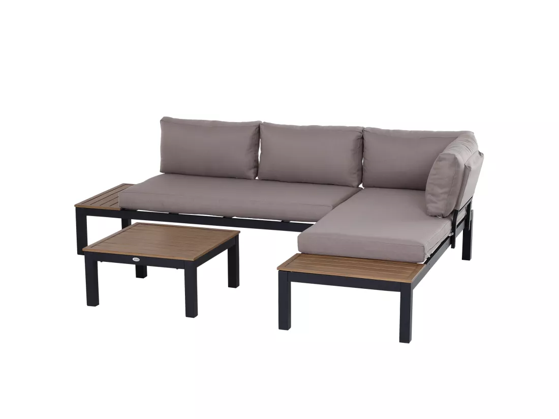 Ensemble salon de jardin d'angle design contemporain 5 places coussins marron table basse alu. noir et imitation bois