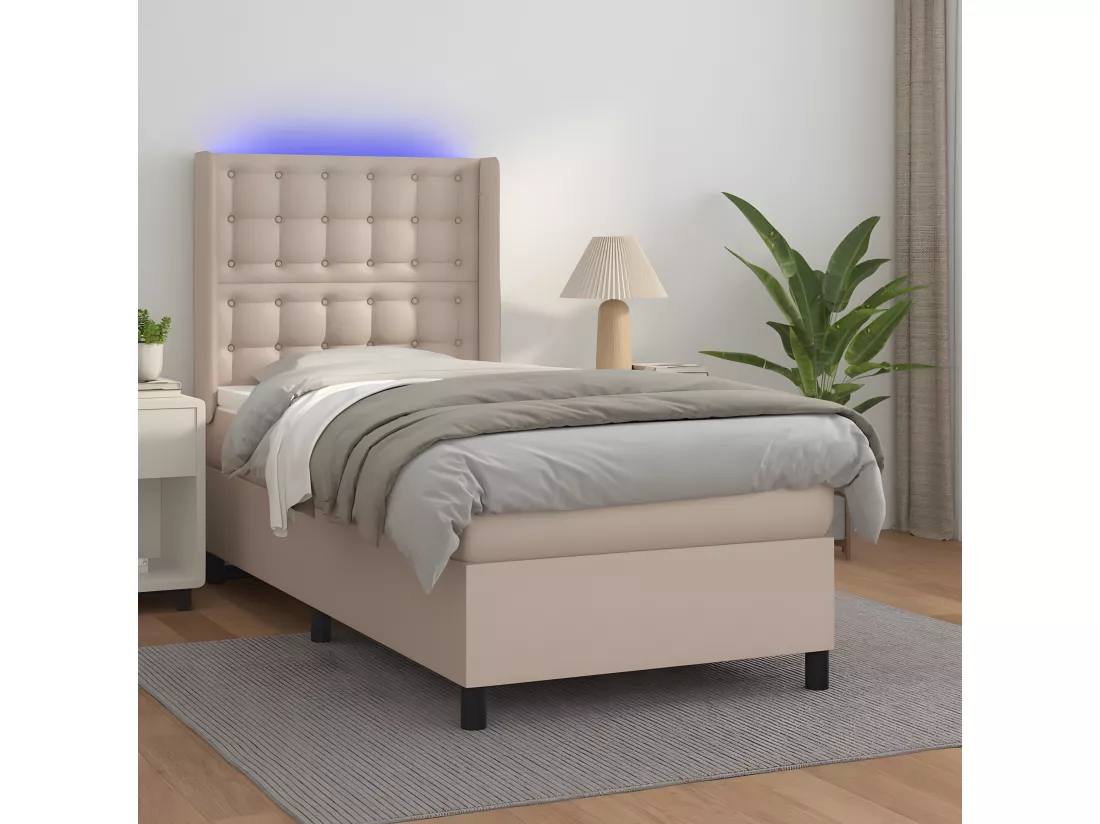 Sommier tapissier matelas et LED Cappuccino 90x200cm Similicuir