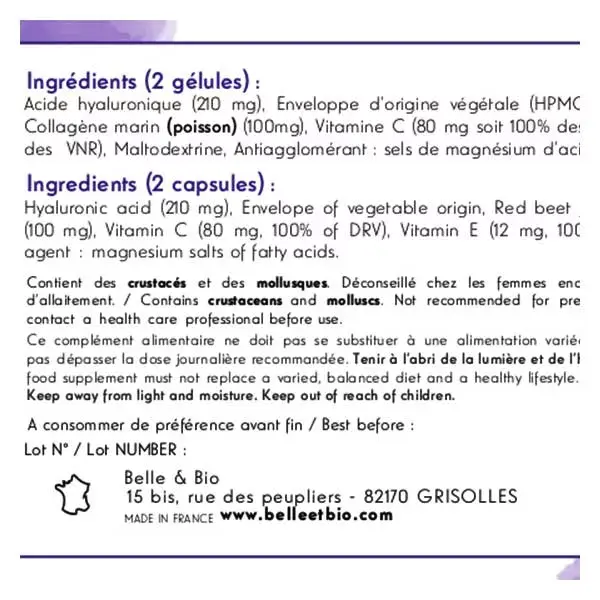 Ácido Hialurônico Orgânico Belle & Bio - 90 cápsulas