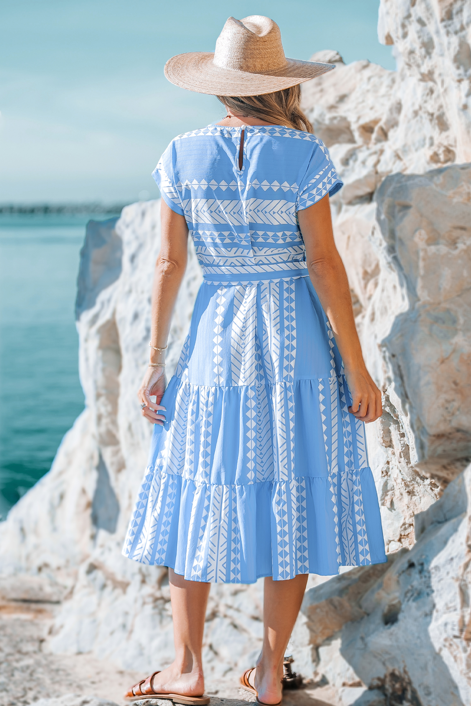 Robe en patchwork géométrique bleu et blanc