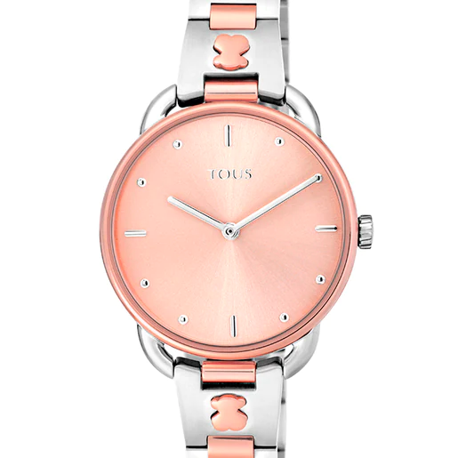 Relógio analógico Let. Pulseira bicolor em aço com mostrador rosa.
