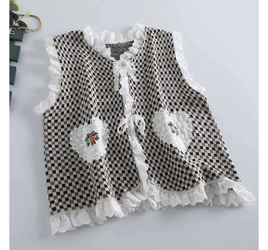 Santeh - Geruite bloemen geborduurde kanten gilet