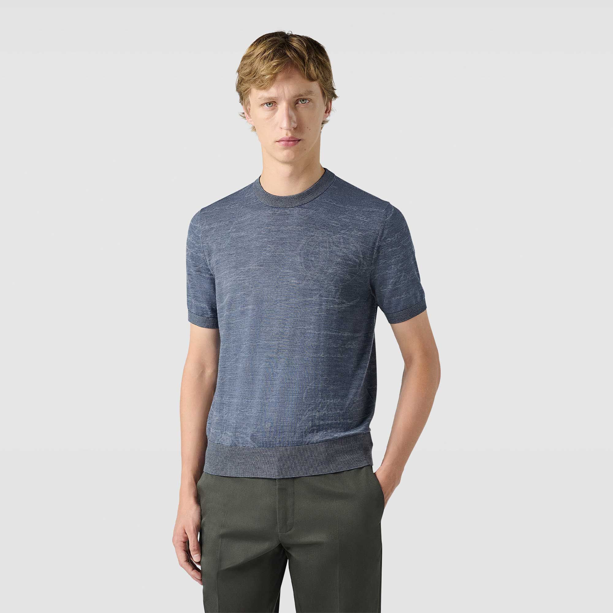 Pull Manches Courtes Leger En Laine Avec Jacquard Scritto