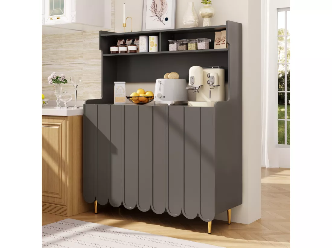 Buffet de cuisine avec 3 portes et étagères de rangement ouverte - 120 x 40 x 151 cm - Bois MDF - Gris