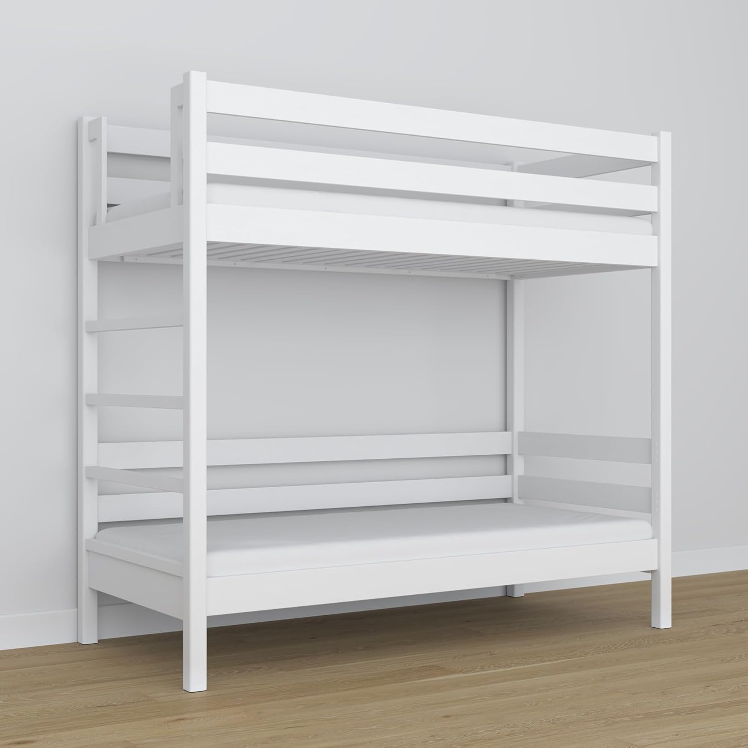 N03 Etagenbett 90x200 cm, Kinderbett mit Leiter, 2 Leitermontageseiten: Links oder rechts, sichere abgerundete Kanten, Stabile Massivholzkonstruktion, Hochwertige Materialien, Weiß