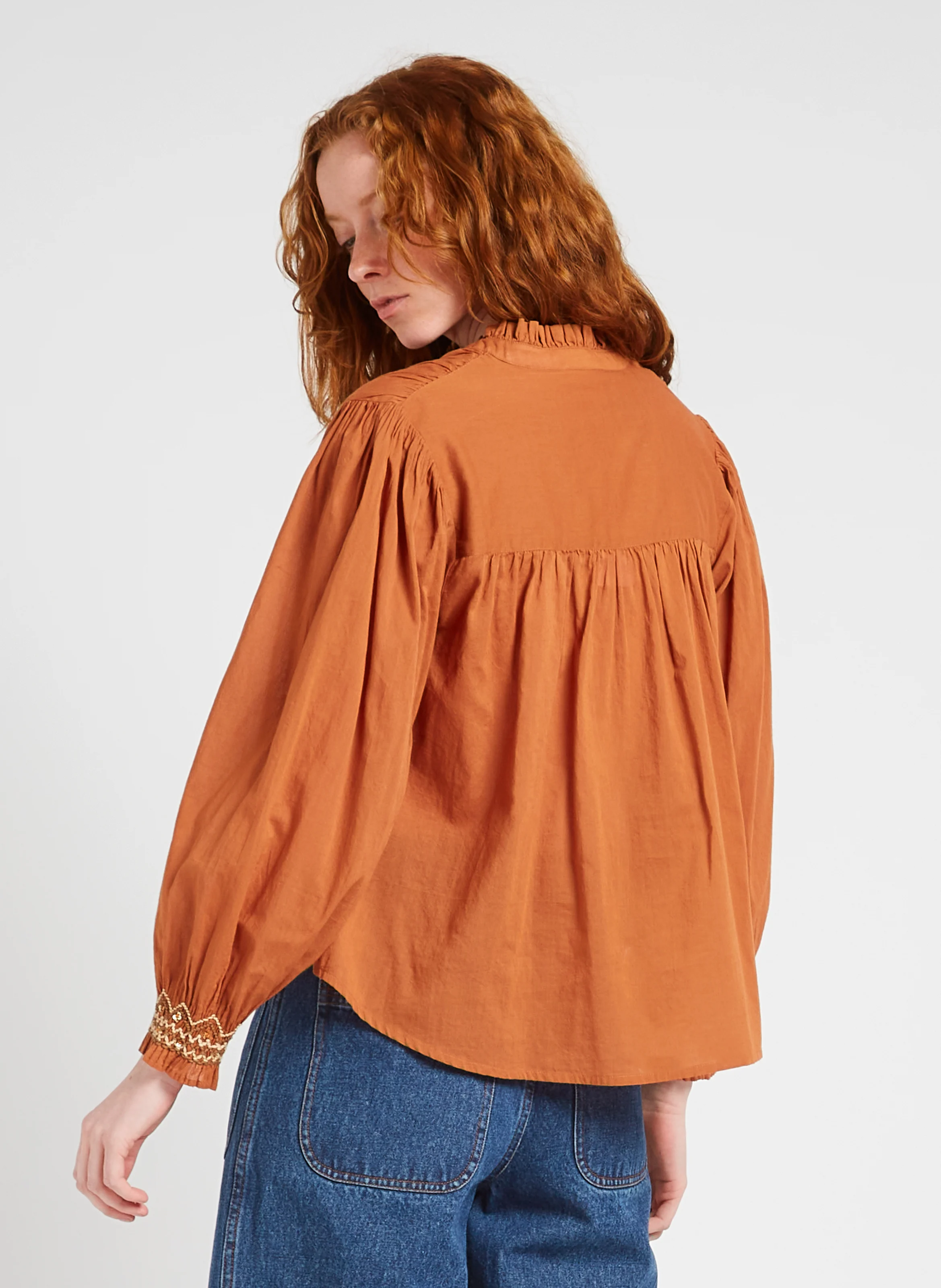 LOUISA - Blouse ample brodée en coton bio | Marron