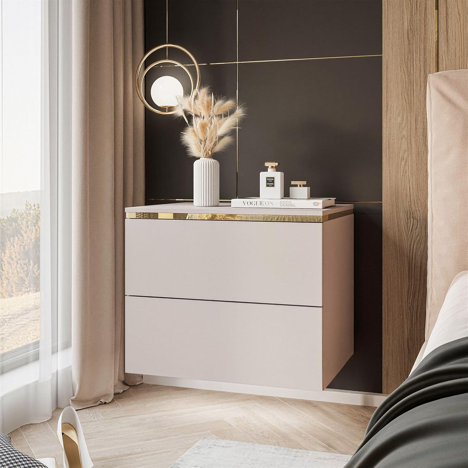 Lookway Nachttisch Aurora II Kaschmir Matt mit LED Beleuchtung Hängend oder auf Goldenen Beinen Gold Dekorative Leiste Modernes Schlafzimmermöbel (Hängend)
