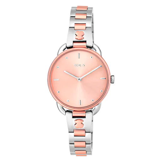 Relógio analógico Let. Pulseira bicolor em aço com mostrador rosa.