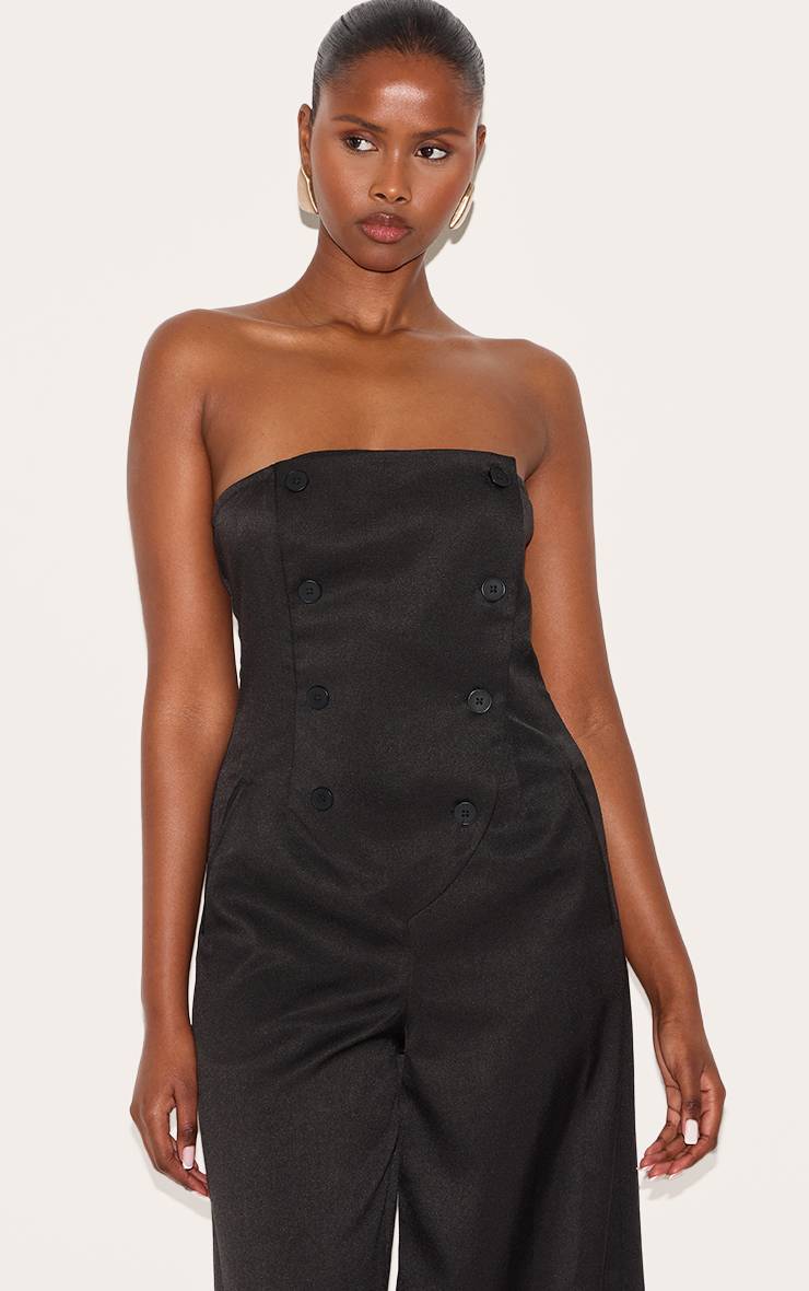 Noir Combinaison Bandeau Jambe Large Boutonnée En Tissu Tissé Ajusté