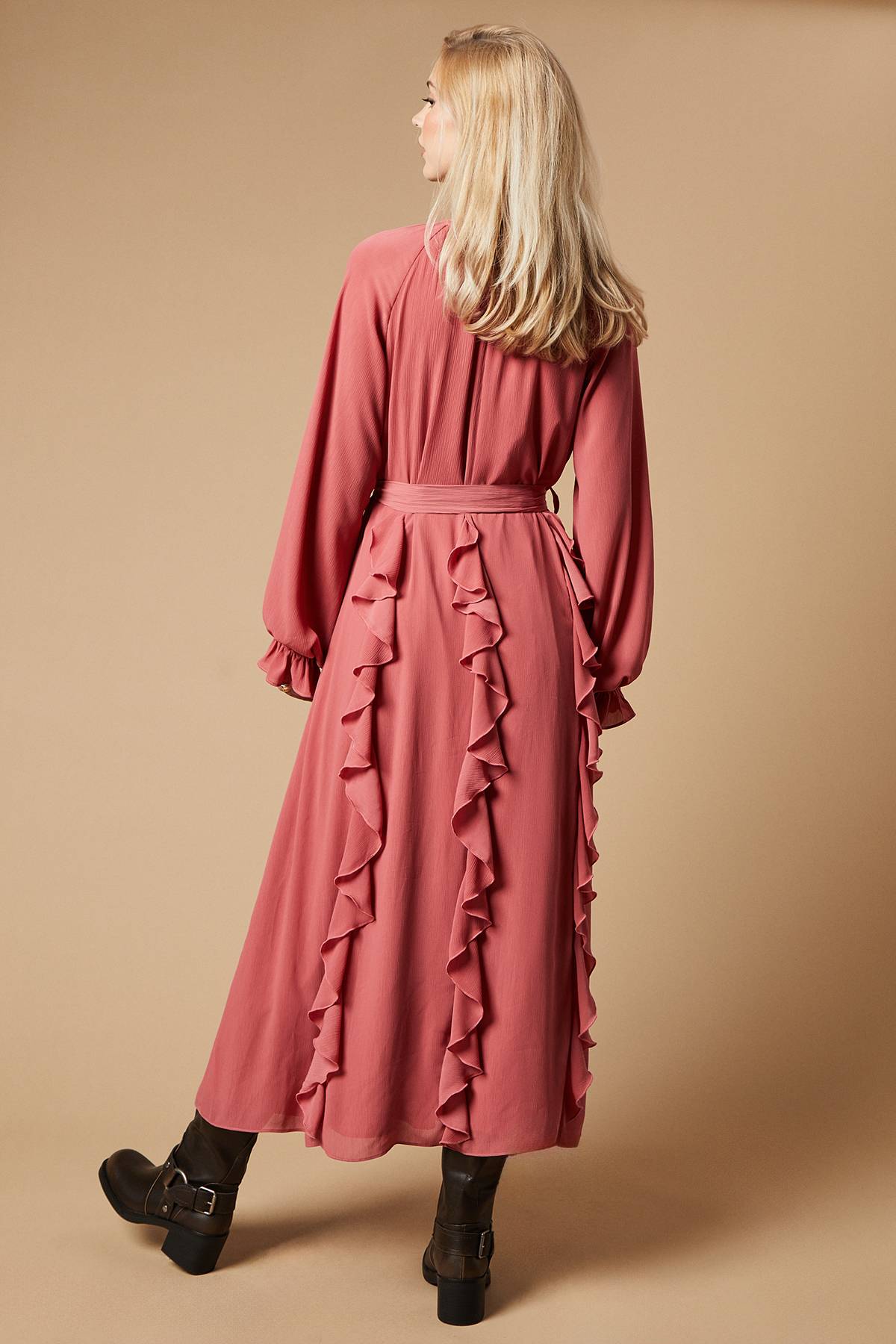 Oasis Robe Mi-longue en Mousseline à Volants avec Ceinture