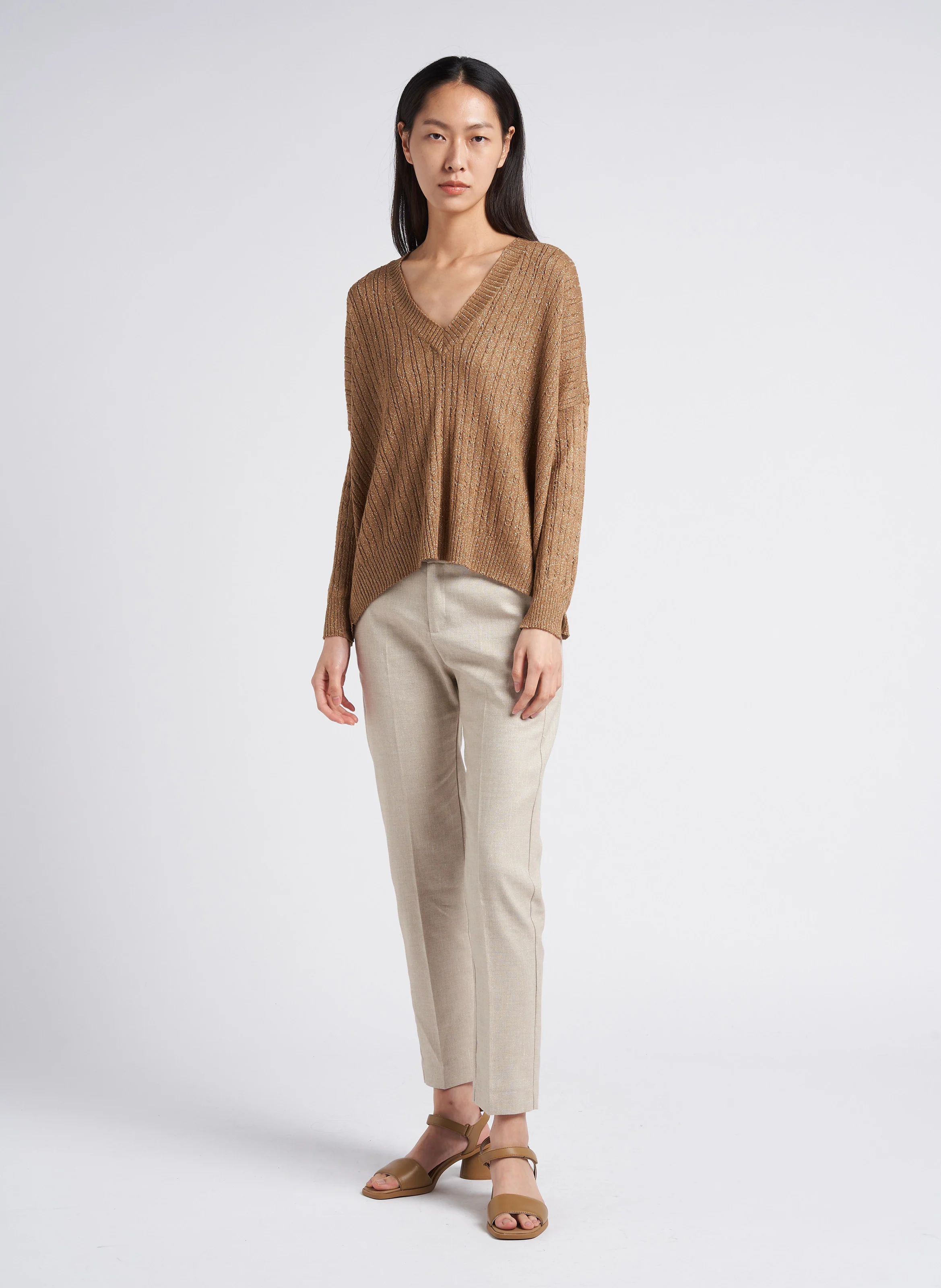 Pantalon chino taille haute avec fils métallisés | Beige
