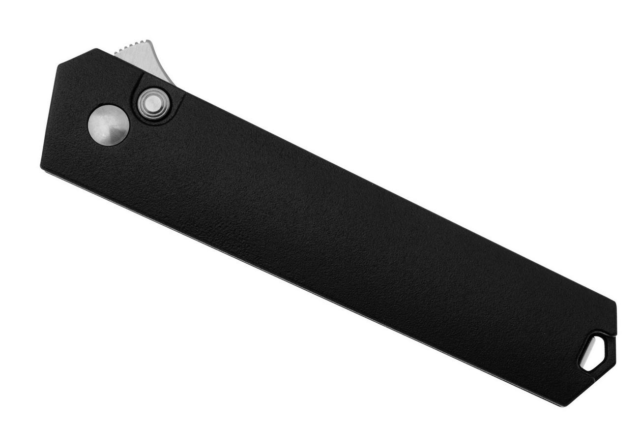 Böker Manufaktur Kwaiken Compact Button Lock 110073 Satin MagnaCut, Black Aluminium, zakmes, Lucas Burnley design