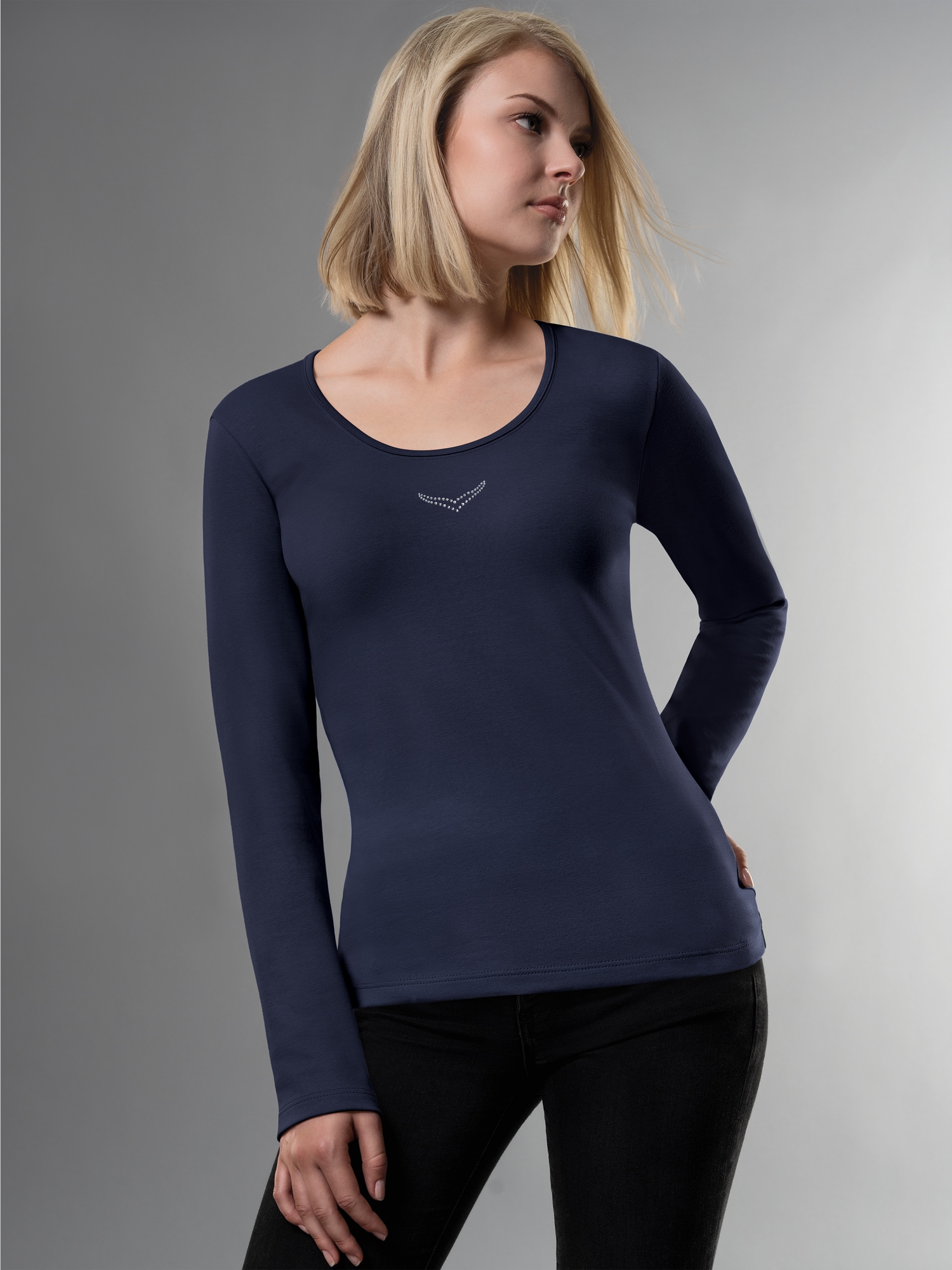 Langarmshirt mit Kristallsteinen Navy
