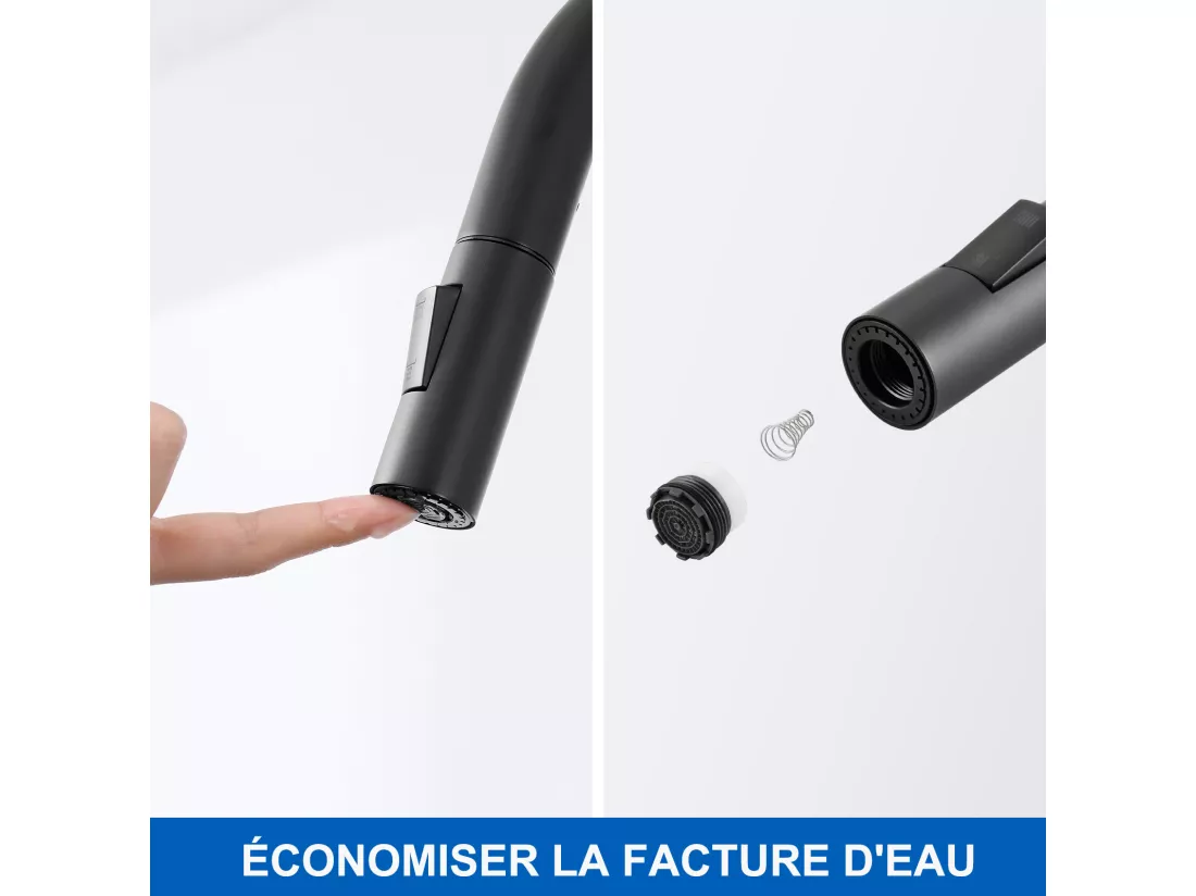 Mitigeur Cuisine Noir avec Douchette Haute Pression,Acier Inoxydable,Robinetterie Cuisine Extractible Pivotant à 360°, avec 2 Types de Jets