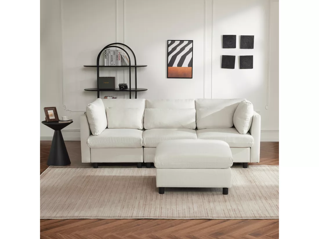 Canapé d'angle 3-4 places, meubles rembourrés en forme de L, tissu en lin, 220x83x81cm, beige
