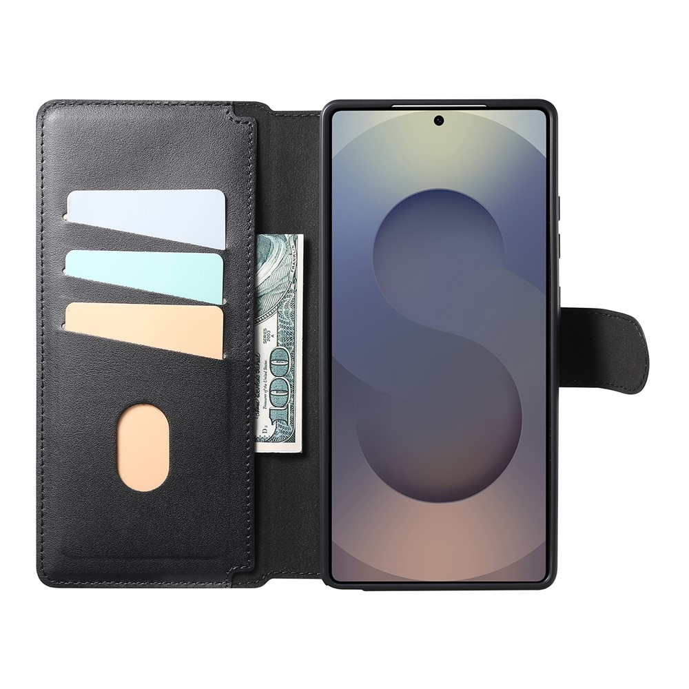 Samsung Galaxy S25 Ultra Leder Case Schutzhülle mit Finger Griff Halterung   Abnehmbare Tasche inkl. Kartenfächer MagSafe-Modul (RFID Schutz) Schwarz