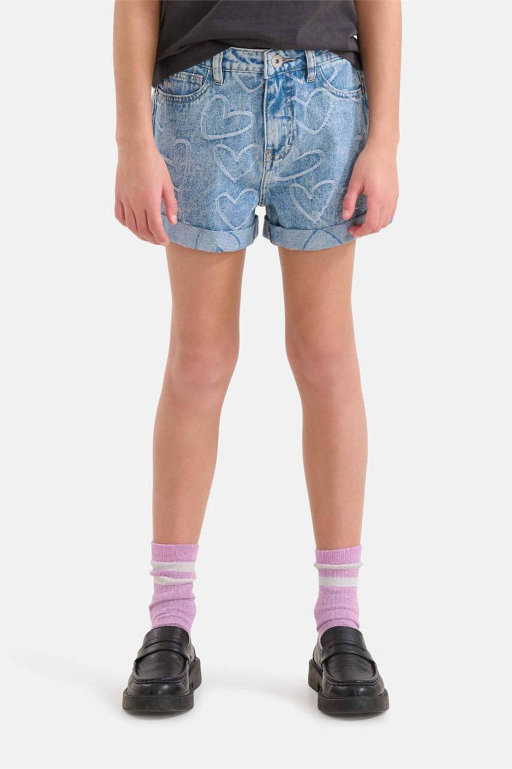 high waist regular fit denim short met hartjes medium blue denim
