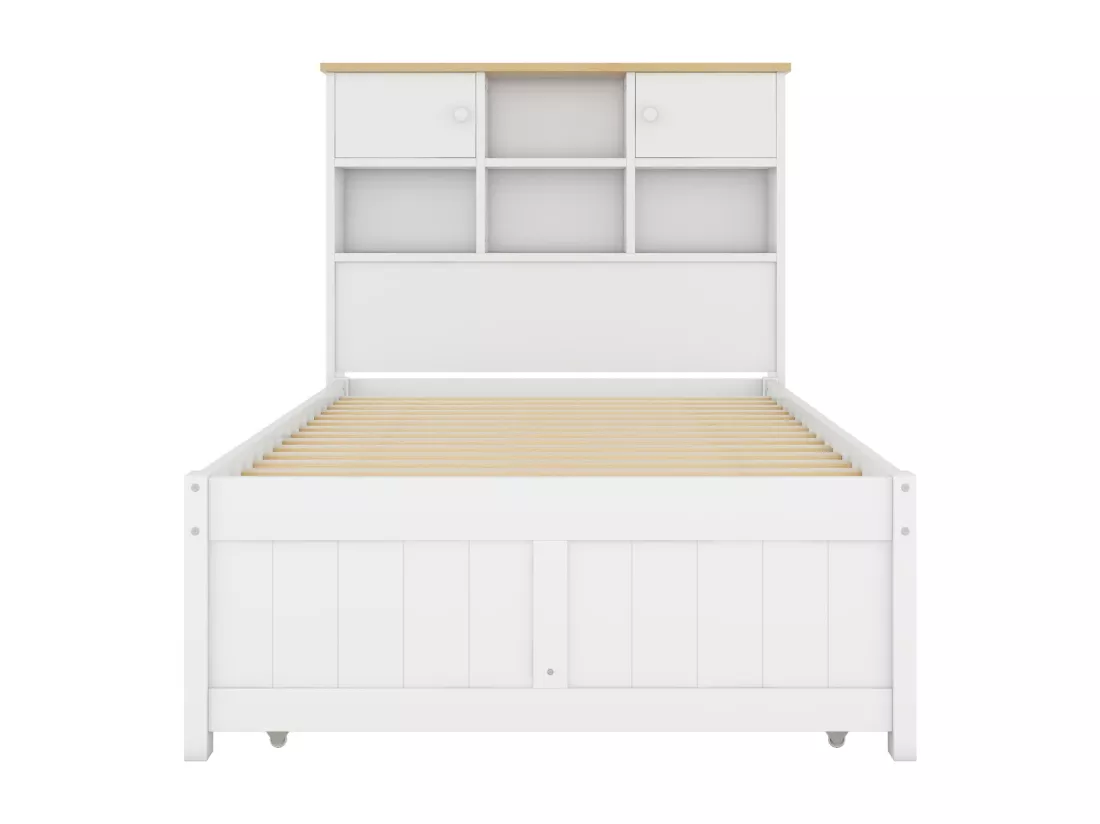 Lit gigogne 90x200cm+90x190cm, avec 3 tiroirs, avec sommier à lattes et tête de lit avec plusieurs rangements, blanc