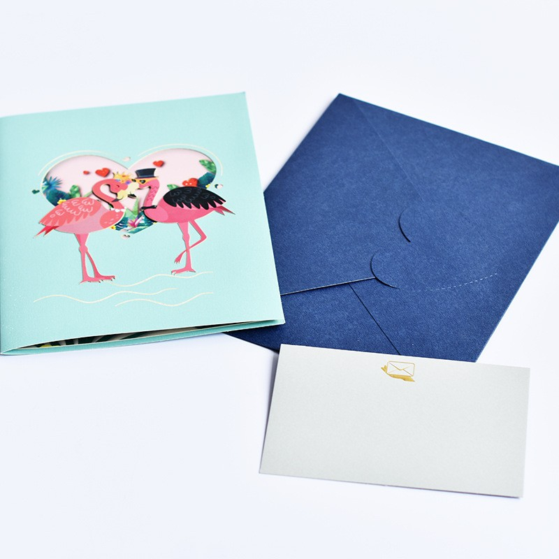 Hochzeits Glückwunschkarte Pop-Up Doppelkarte   Umschlag - Verliebte Flamingos