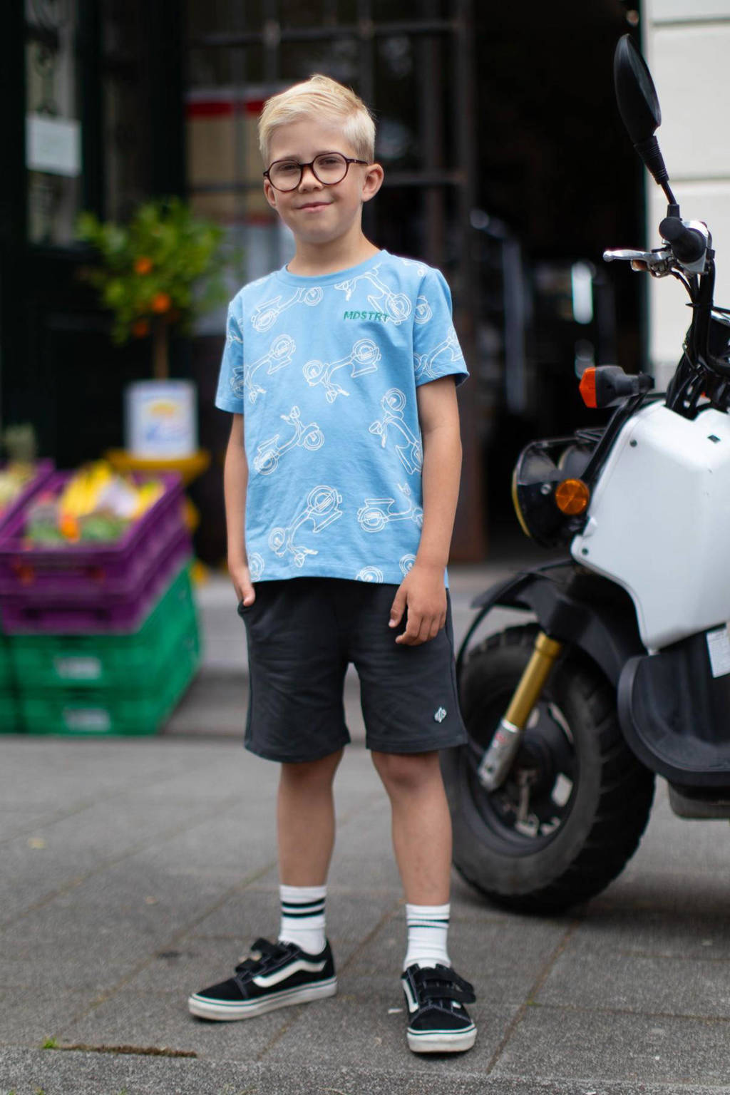 Moodstreet T-shirt met all over print lichtblauw/offwhite