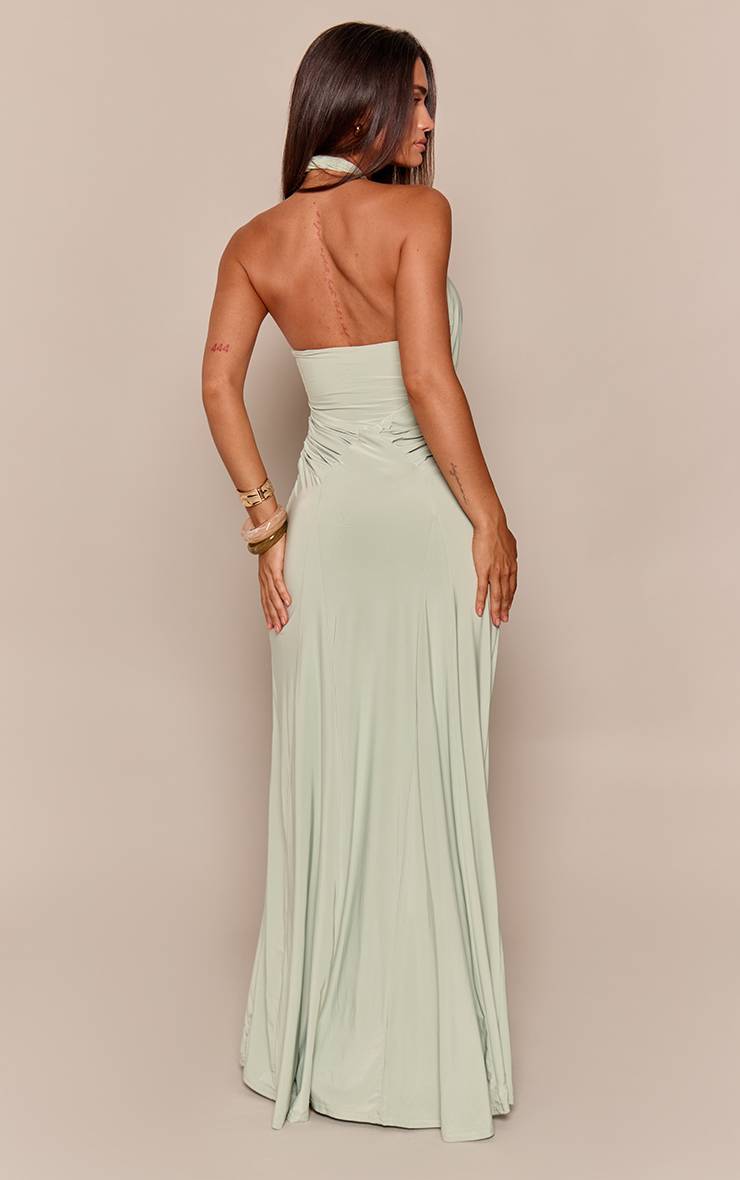 Vert Sauge Robe Maxi Dos Nu À Double Couche En Jersey Slinky Avec Encolure Croisée Licou