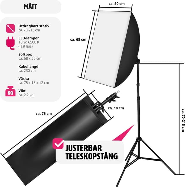 Studielys med softbox, stativ og transporttaske model 1