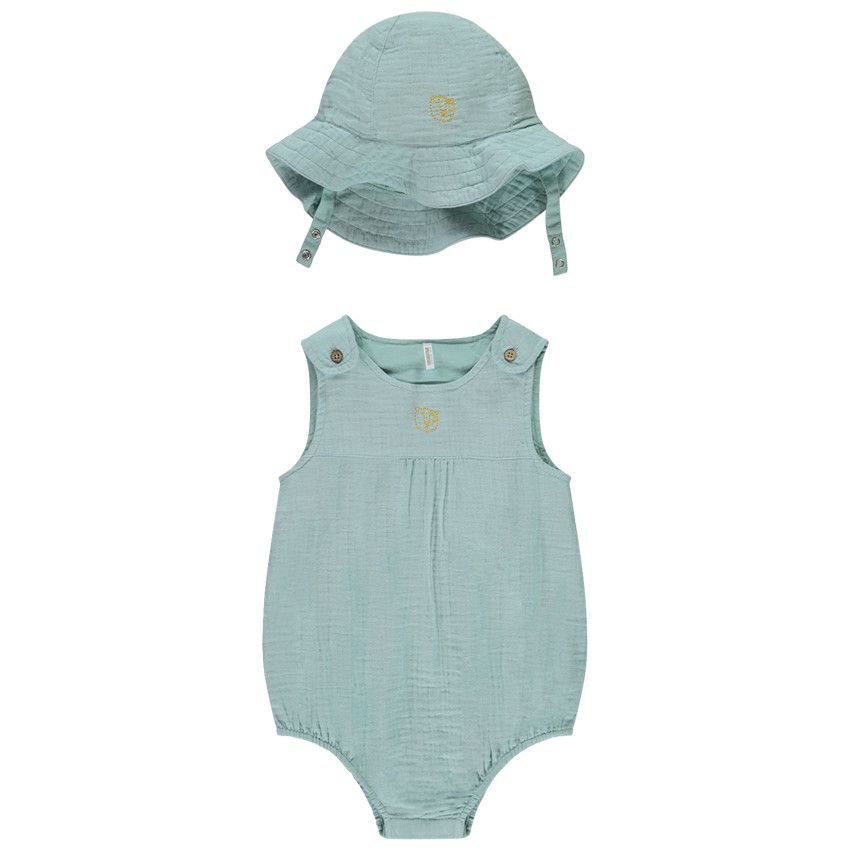 Combinaison courte sans manches avec broderie + bob pour bébé garçon - Bleu moyen