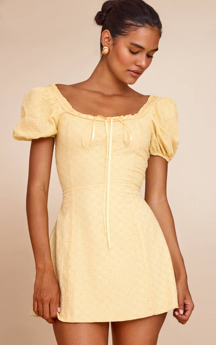 Jaune Robe Mini Trapèze À Manches Bouffantes En Broderie Anglaise