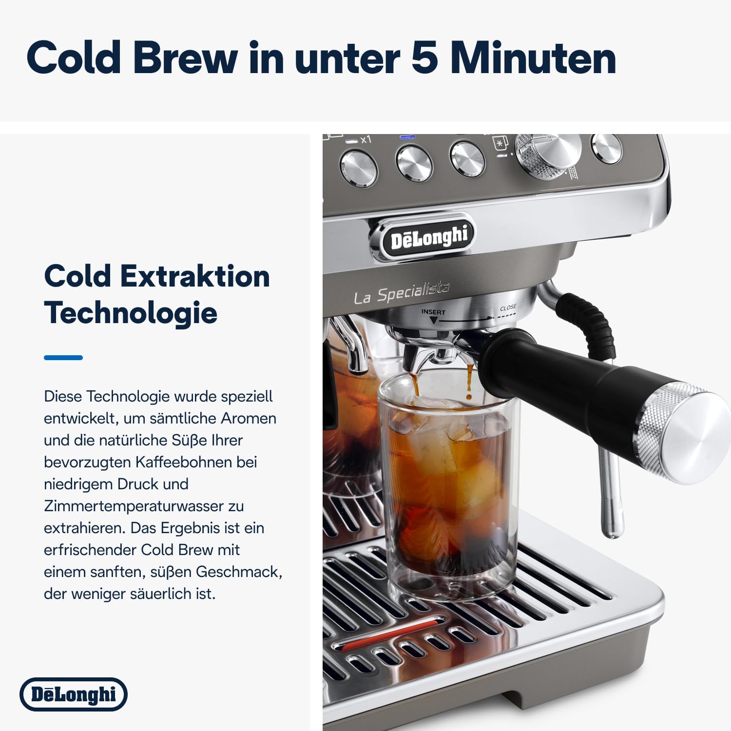 De'Longhi Siebträgermaschine La Specialista Arte Evo Cold Brew EC9255T, Espressomaschine mit Mahlwerk inkl Barista-Kit, Cold Brew-Funktion, 8 Mahlgrade, 15 Bar, 3 Temperaturen, Milchschaumdüse, Titan