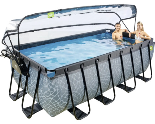 EXIT StonePool rechthoekige opzetzwembadset 540x250x122 cm inclusief zandfiltersysteem, ladder & afdekking met steenlook