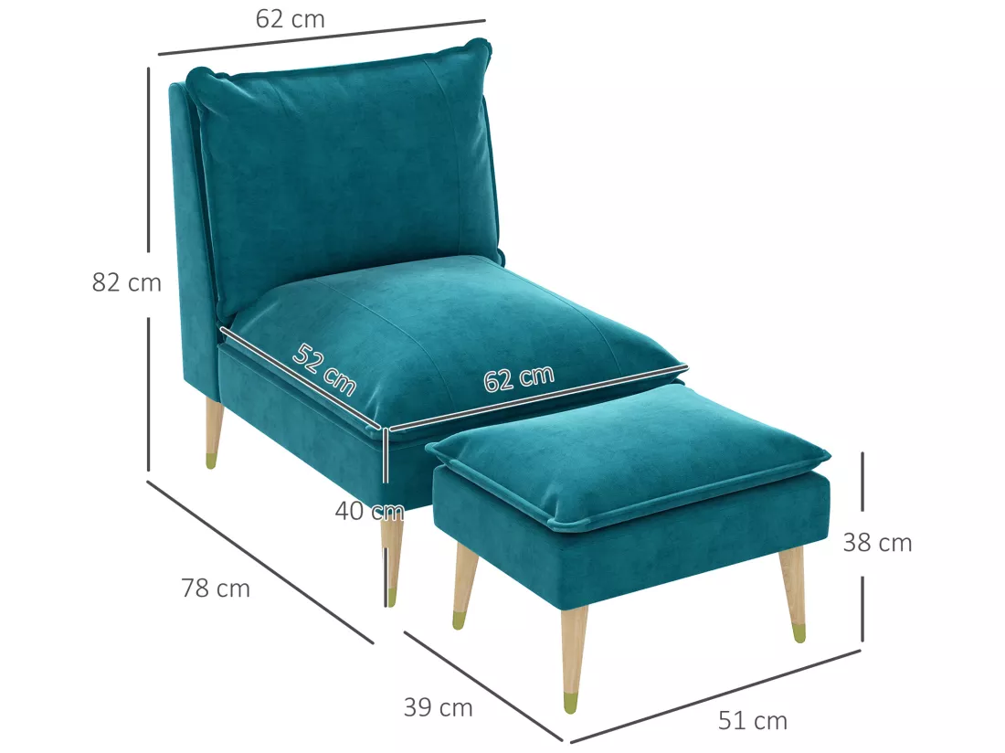Fauteuil design scandinave grand confort - repose-pied inclus - piètement effilé incliné bois hévéa velours turquoise