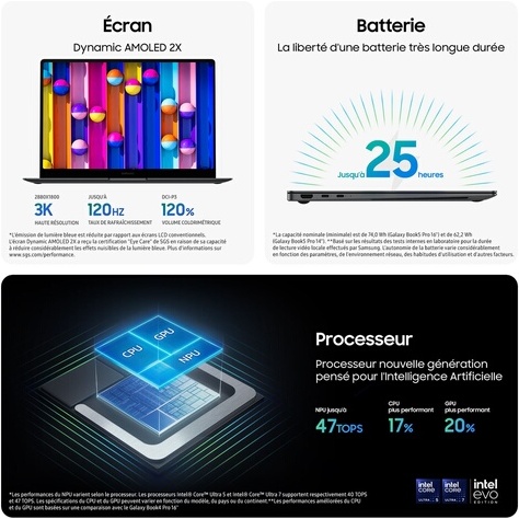 PC portable Samsung Galaxy Book5 Pro écran tactile 16'' 120Hz Copilot+PC Intel Core Ultra 7 16 Go RAM 512 Go SSD Anthracite
