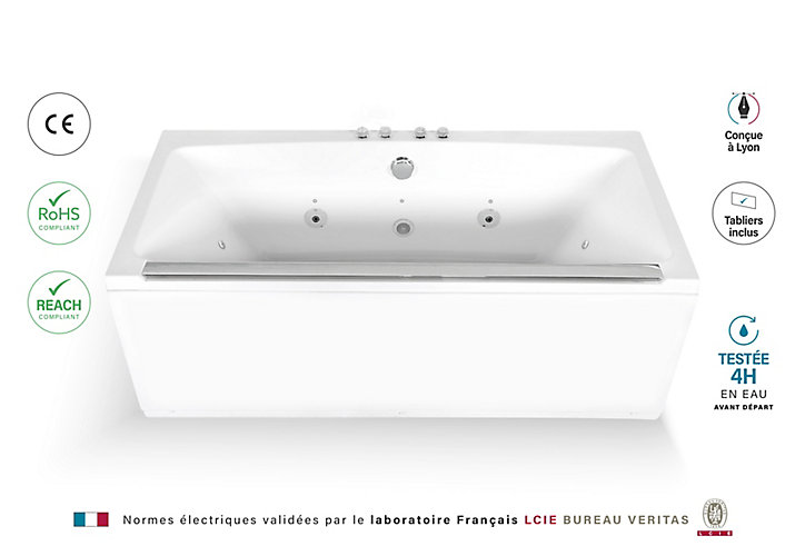 Baignoire balnéo avec tablier rectangulaire L.170 x l.80 x H.63 cm en acrylique coloris blanc Maya