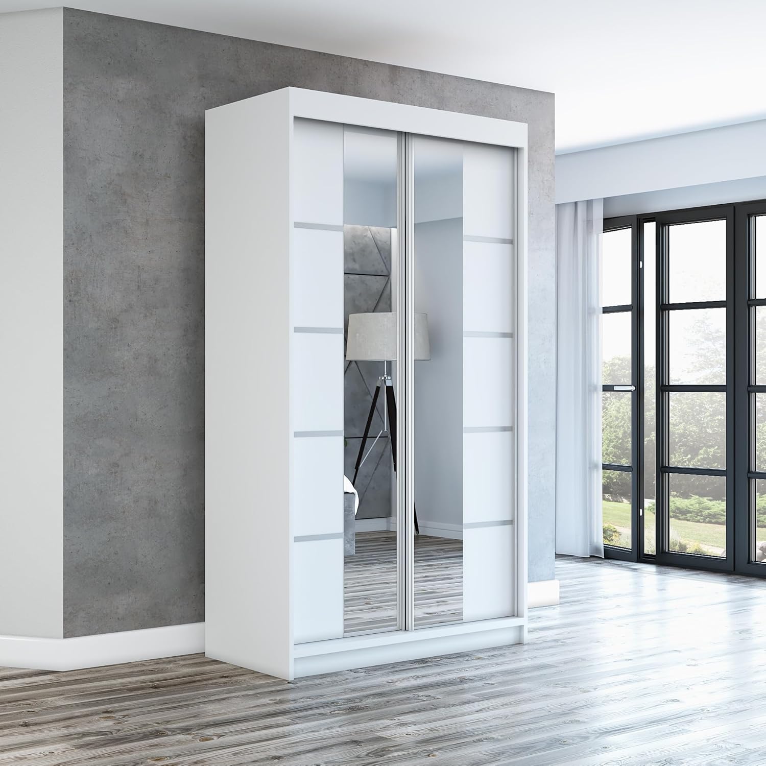 A&J MöbelLand Schwebetürenschrank ERA Kleiderschrank 2-türig mit Spiegel, Garderobe 120 cm (Weiß/Weiß/Weiß)