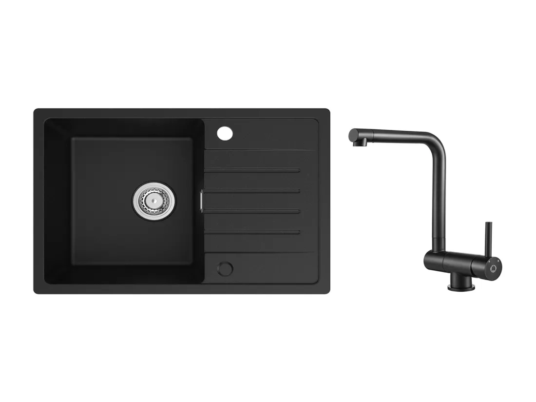 Evier 1 Bac en Quartz et Résine - Noir Evier avec Egouttoir 78x45cm + Mitigeur de Cuisine Rabattable Noir