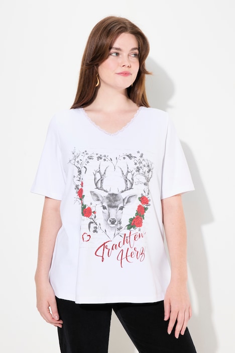 T-Shirt, Trachtenherz, Classic, V-Ausschnitt mit Spitze, Halbarm