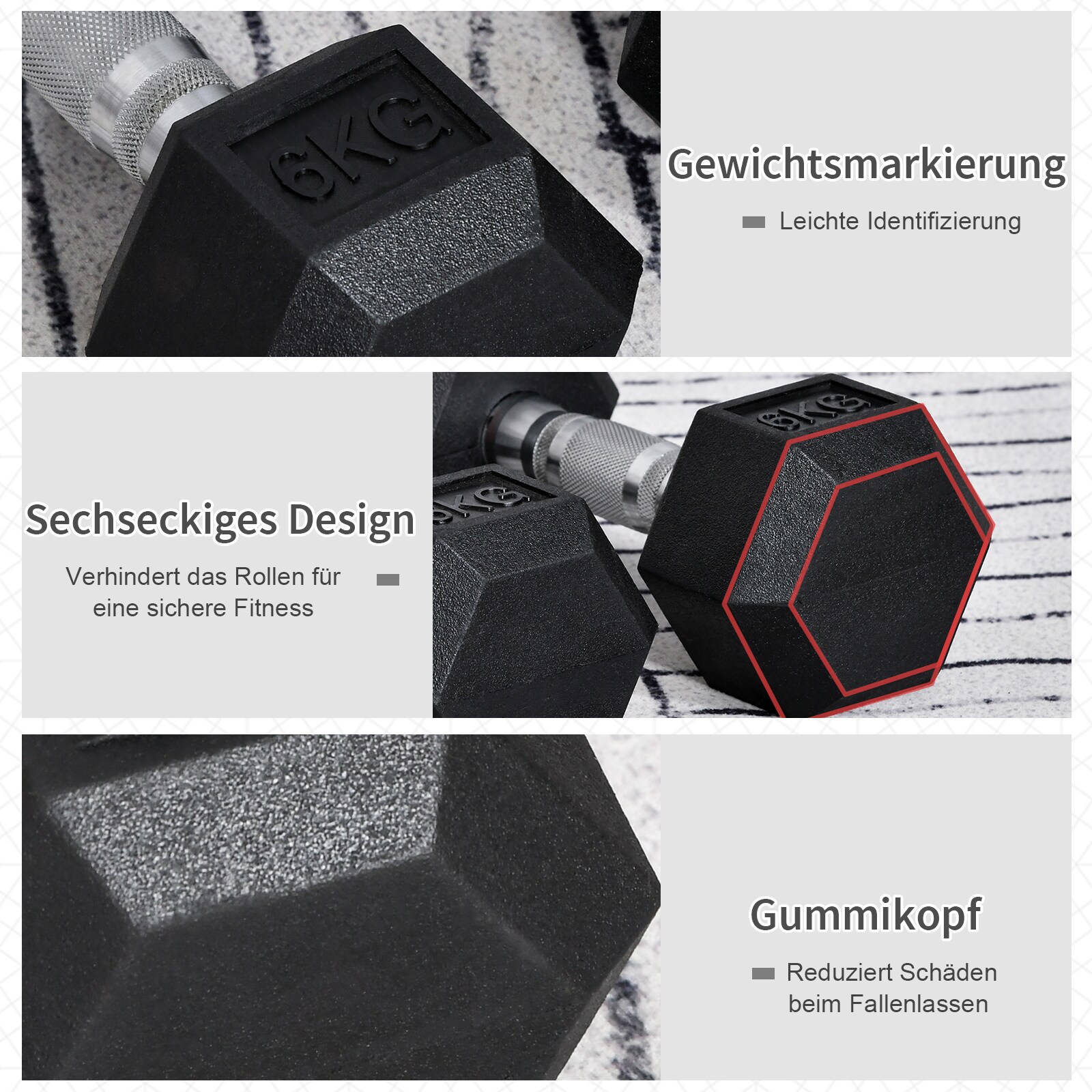 HOMCOM Kurzhantel 2er Set in Hexagon Form schwarz, silber 11,5B x 11,5T x 8H cm