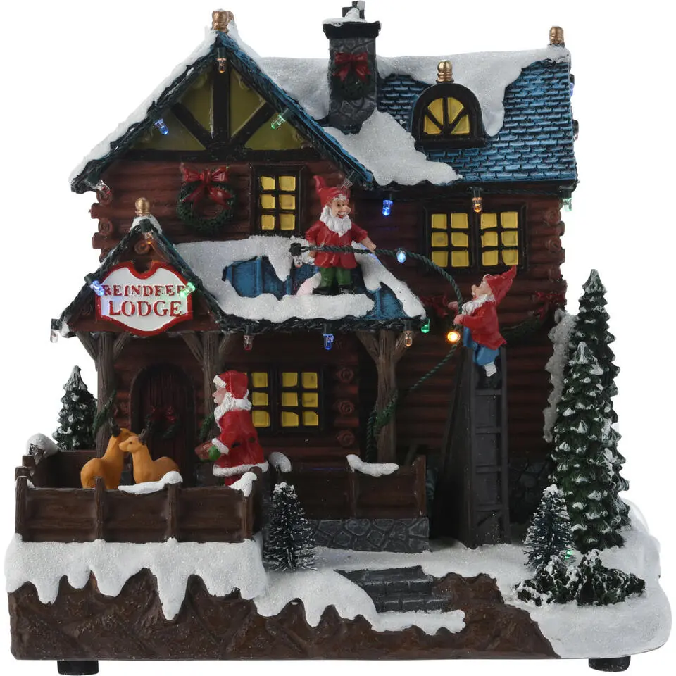 Kerstdorp huis - met beweging, licht en muziek -25 cm - poliresin