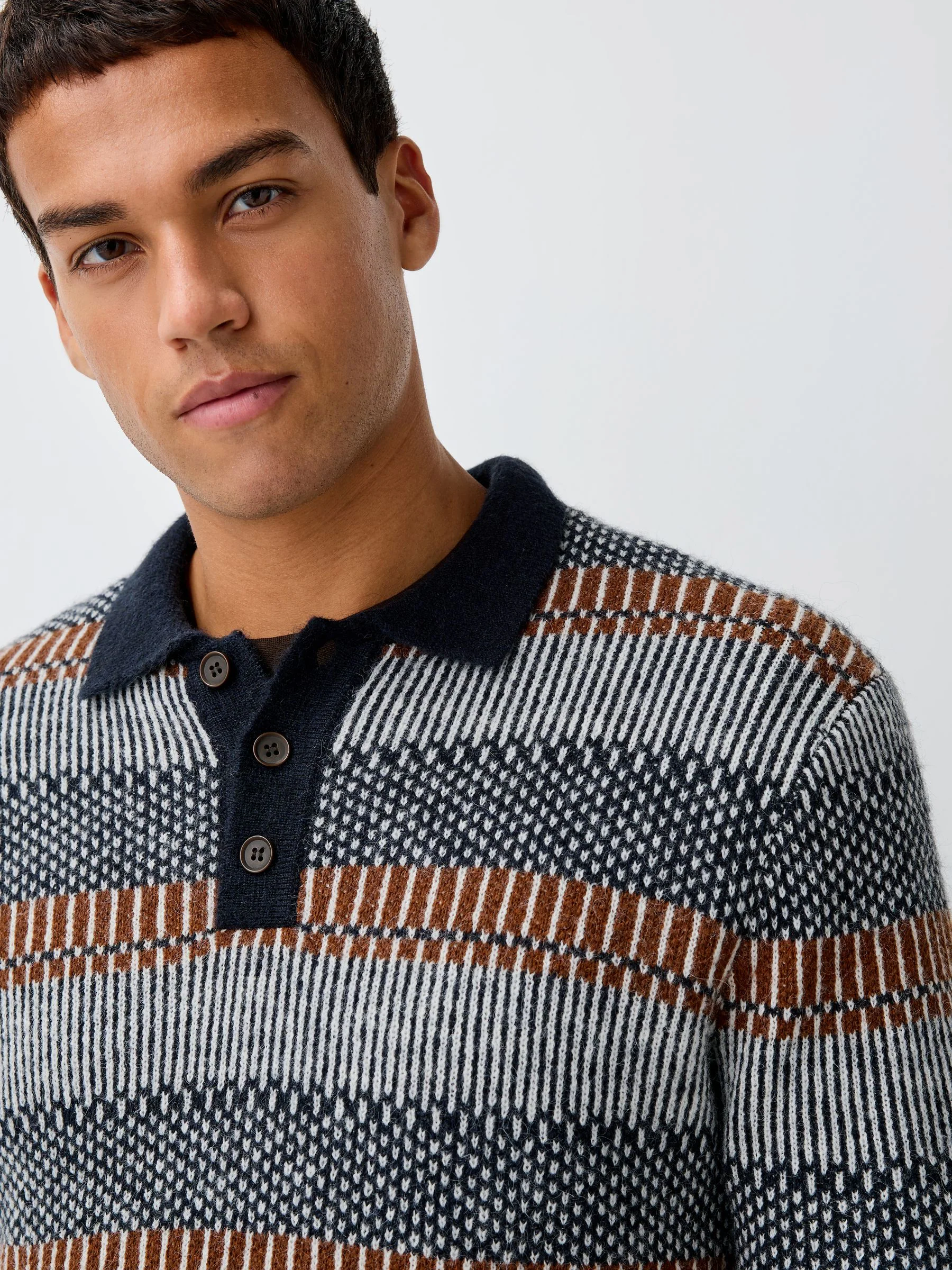 Donkerblauw - Regular Fit Stripe Long Sleeve Knit Polo Shirt