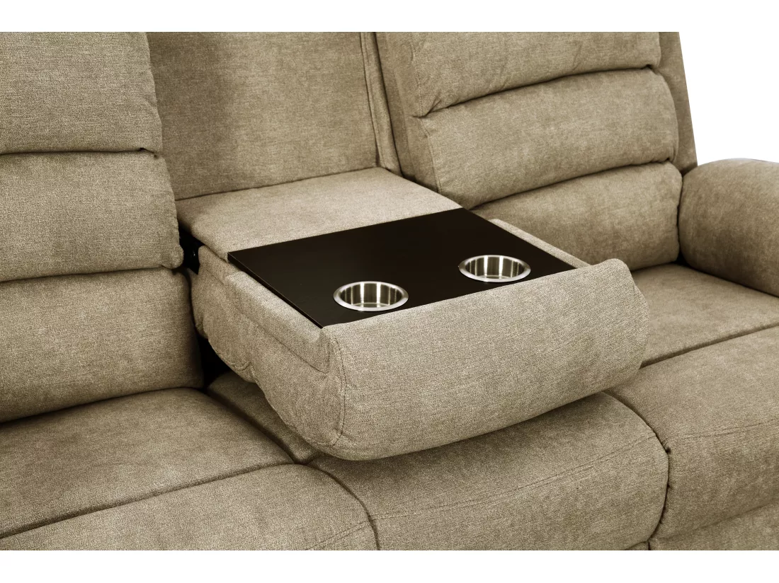 Canapé 3 places relax électrique en tissu taupe avec tablette NEVERS