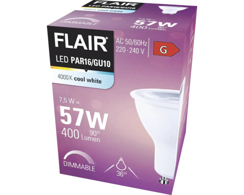 FLAIR LED reflectorlamp dimbaar PAR16 GU10/7,5W (57W) 400 lm 4000 K neutraal wit helder 36°